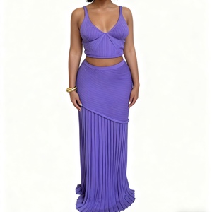 Women's New Arrival V-Neck Spaghetti Strap <b>Top</b> & Pleated Long <b>Patchwork</b> Skirt Knit Casual 2-Piece Set Fashion - Product Image 2