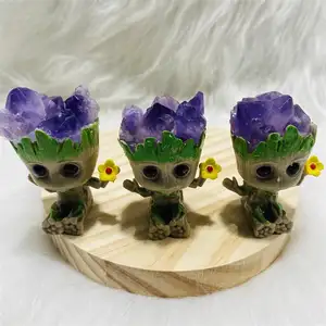 Wholesale Groot Plant Pots Amethyst Crystal Cluster Groot Marvel Character Carving For Desk Decor