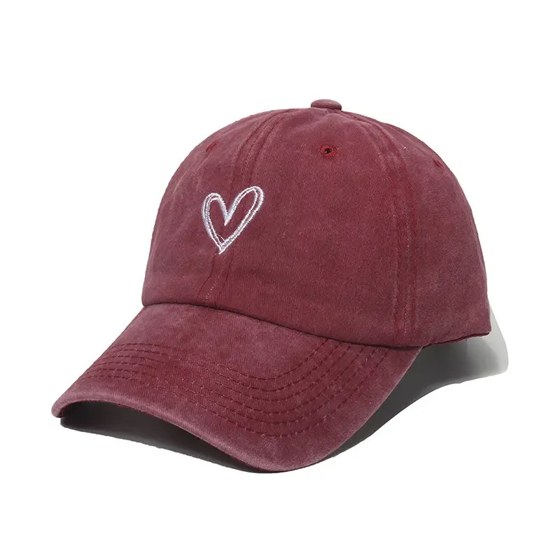 Hot sale stylish European style Heart Hat Womens men vintage washed cotton Embroidered Baseball Cap dad cap solid color hat
