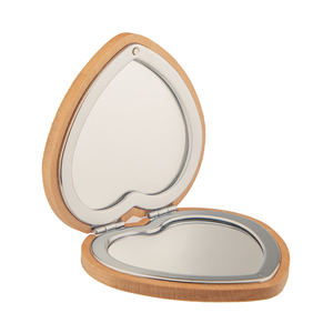 Miroir de poche compact en bois de hêtre naturel écologique en forme de cœur 75x75 mm, cadre en métal argenté, double face, verre HD - Product Image 6