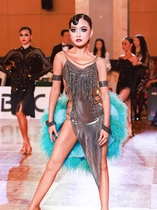 Robe de <span class=keywords><strong>danse</strong></span> latine Vennystyle en spandex/nylon, design personnalisé avec strass, perles et plumes, rumba, cha-cha, samba, performance professionnelle - Product Image 1