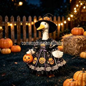 Déguisement d'oie de porche d'Halloween noir et or imprimé citrouille avec chapeau de sorcière, statue d'oie pour jardin extérieur, décoration de vacances - Product Image 3