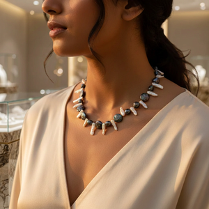 Women's Black & White Pearl <b>Statement</b> <b>Necklace</b> Elegant Jewelry Accessory - Product Image 2