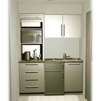 Mini-cuisine moderne pour hôtel et appartement, idéale pour petits espaces, avec unités de meubles de cuisine en acrylique, tiroirs, paniers et robinet de lavabo écologique
