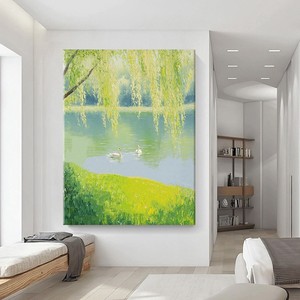 Pintura al Óleo Pintada a Mano, Paisaje Primaveral con Cisnes y Sauce, Estilo Impresionista, Arte para Pared de Sala de Estar, Sin Marco, 100% Hecho a Mano - Product Image 2