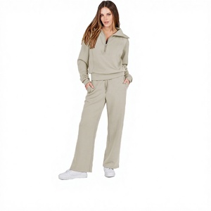 Women's 2 Piece <b>Knitted</b> <b>Set</b> Solid Color Long Sleeve Zipper Top With Wide Leg Pants Casual Loose Fit All Seasons Wear - Product Image 2