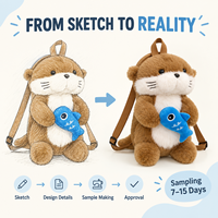 Sac à dos en peluche personnalisé en forme de loutre avec poche zippée, motif poisson bleu, bretelles réglables, OEM ODM, pour boutiques de cadeaux, fournisseur en gros