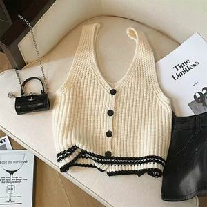 <span class=keywords><strong>Chaleco</strong></span> de punto elegante estilo francés con cuello en V para <span class=keywords><strong>mujer</strong></span>, diseño holgado para primavera, otoño e invierno, top adelgazante con efecto lavado. - Product Image 2