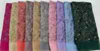 Tela de encaje con pedrería pesada estilo champán, malla de tul con cristales multicolor y diseño floral Paisley, por yarda, entrega rápida
