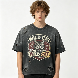 T-shirt Nera Distressed Acid Wash Heavyweight con Grafica <span class=keywords><strong>WILD</strong></span> CAT Stile Vintage Streetwear per Uomo Unisex Lotto all'ingrosso - Product Image 3