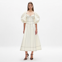 Nouvelle Robe Midi Femme Élégante Blanc Cassé Col Rond Manches Bouffantes à Coutures Contrastantes et Corsage Panneauté Coupe Évasée Personnalisable Vente en Gros