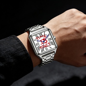 TIME IS MONEY Montre pour homme en acier inoxydable avec cadran carré, montre de luxe pour homme, montre à quartz numérique romaine, étanche - Product Image 2