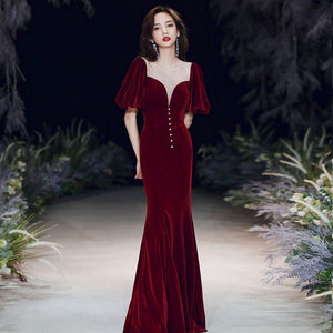 Women's Evening Gown Mermaid Long <b>Wine</b> Red <b>Velvet</b> <b>Dress</b> Sweetheart Neckline Natural Waistline Banquet Wedding Toasting <b>Dress</b> - Product Image 2