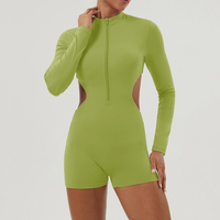 Combinaison à manches longues à taille échancrée, Combinaison de sport et de yoga, Combinaison de fitness pour femme à demi-zip avec coussinet de poitrine
