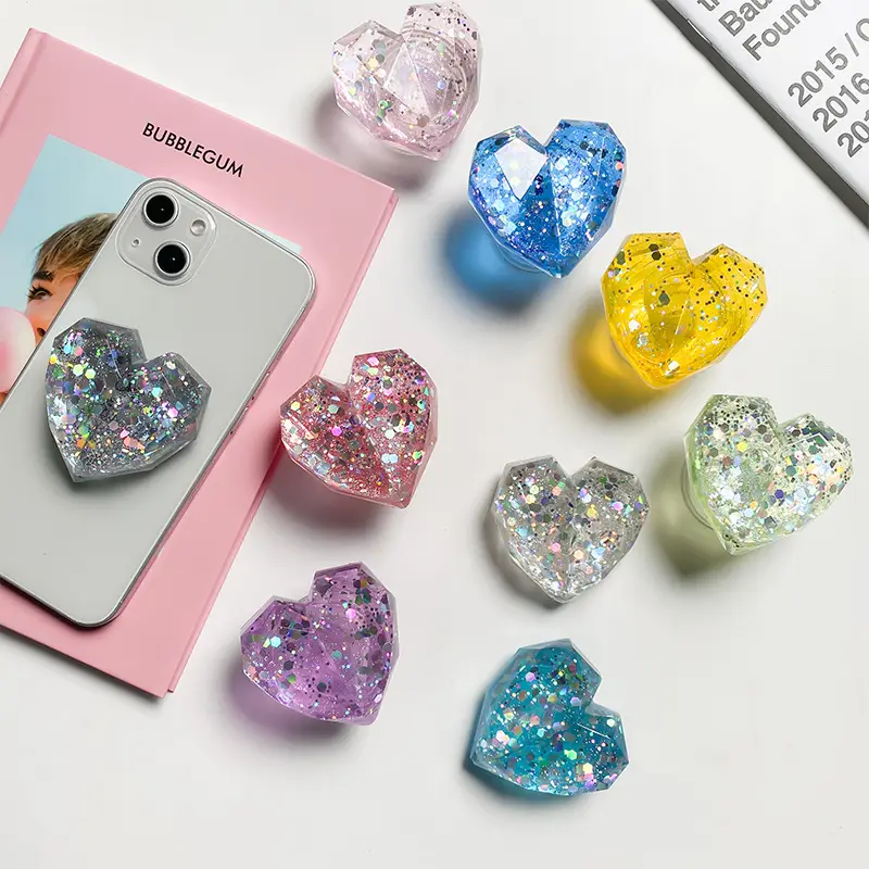 Hot Transparent Holder Stand Socket Laser Love Heart Shape 3D Cell Grip Crystal Mobile Phone Holder