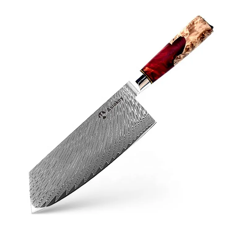 Coltello da 7 pollici mannaia damasco coltello da cucina con manico in legno di resina rossa e 67 strati VG10 lama in acciaio damasco