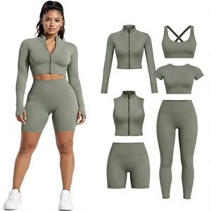 Ribbed Yoga Set Front Zipper Sports Bra and High Waist <b>Leggings</b> Women Workout Activewear - Product Image 4
