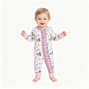 Robe barboteuse personnalisée pour bébés filles, imprimé fleurs et nœuds, collection fêtes, vente en gros, assortie, mignonne, en coton biologique, prix d'usine boutique - Product Image 4