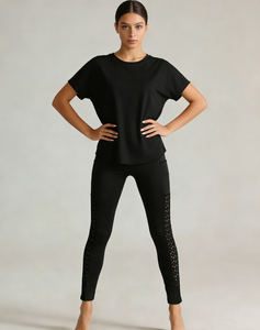 Leggings Negros de Cintura Alta para Mujer con Paneles Laterales de Encaje Floral - Pantalones Casuales Elásticos para Uso Diario - Product Image 1