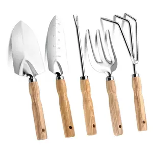 5件园艺工具套装包括耙花园抹刀插秧机铲防锈带木柄园林工具套装