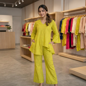 Ensemble décontracté indien pakistanais en coton jaune brodé pour femmes, coupe ample, longueur cheville, tenue d'été - Product Image 1