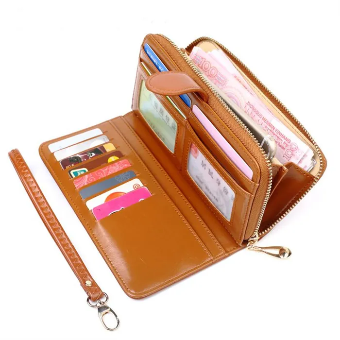 Fashion designer ladies long zipper cell phone clutch purse wax leather multiple credit card holder wallet women