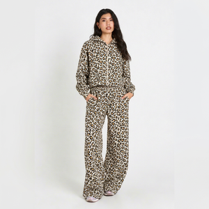 Conjunto de Sudadera con Capucha y Pantalones Anchos con Estampado de Leopardo Blanco y Amarillo para Mujer, Manga Larga, Cierre de Cremallera, Cintura Elástica, Estilo Casual - Product Image 1