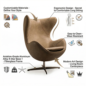 เก้าอี้พักผ่อนทรงไข่หนัง PU แบบหมุนได้ทันสมัย พร้อมฐานอะลูมิเนียมสี่ขา เก้าอี้พักผ่อนไฟเบอร์กลาสสำหรับห้องนั่งเล่น - Product Image 5