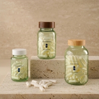 Bouteille en verre personnalisée pour gommes et médicaments en forme de capsule ronde, avec bouchon à vis et couvercle en bois, contenances 30/60/80/100/120/150/200 ml
