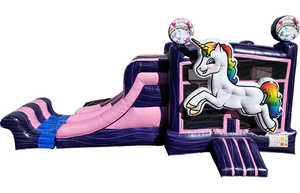 Château gonflable personnalisé avec toboggan |   Château gonflable rose et violet avec toboggan aquatique à deux voies - Product Image 2