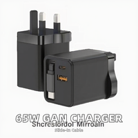 Bloc chargeur USB C GaN 65W avec câble rétractable Type C, double port, adaptateur de charge rapide pour iPhone et ordinateur portable, protection OTP OVP OCP