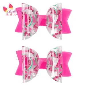 BELLEWORLD 2pcs/bag Plastic Print Fruit Jelly Hair Bows For Kids Girls Beach Waterproof Clear Pigtails Hair Clips PVC Jelly Bows