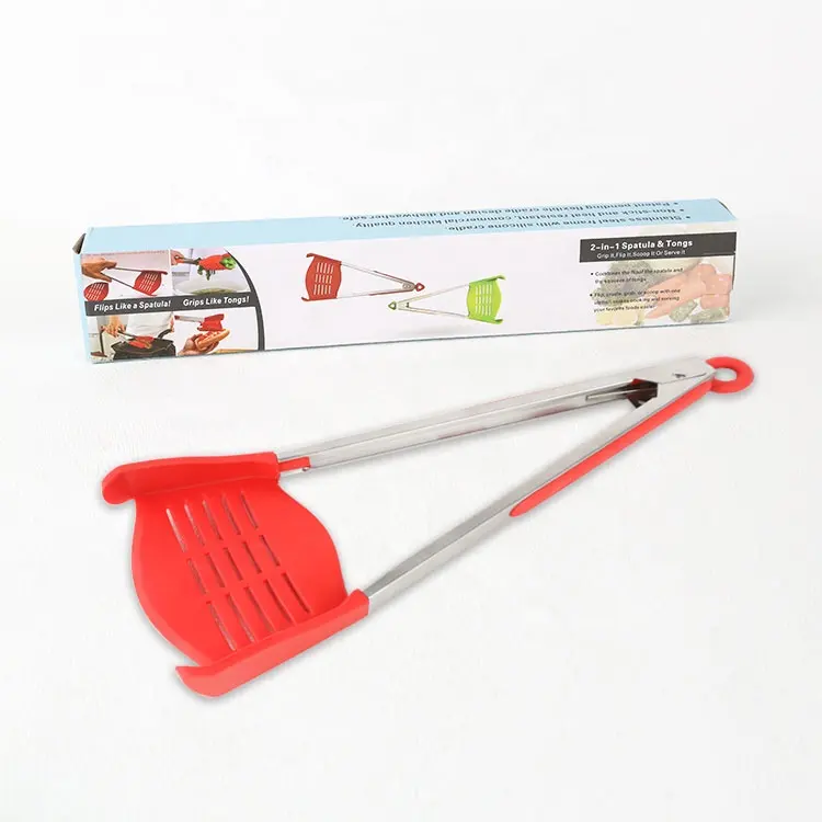 Gloway Oem Kitchen Utensil Heat-Resistant 32.5cm Non-Stick BBQ Salad Pasta Silicone Cooking Tong 2 In 1 Spatula Kitchen Tongs
