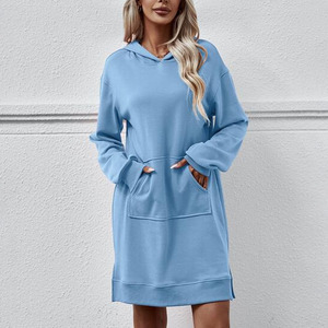 Robes pullover à manches longues de couleur unie pour femmes, robes à capuche décontractées solides avec poche et cordon de serrage - Product Image 2