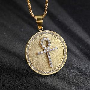 Collar con Colgante Amuleto Ankh Egipcio, Joyería Brillante de Circonita Cúbica con Diamantes, Cadena de Acero Inoxidable con Moneda Redonda - Product Image 1