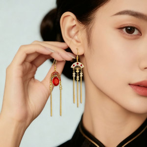Chinese Style Peking Opera Mask Folding Fan Asymmetrical Tassel Drop Earrings Copper Alloy Gold Plated Party Jewelry - Product Image 2