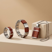 Conjunto de Joyería Geométrica Arquitectónica para Hombre, Acero Inoxidable 316L, Anillo con Incrustaciones de Madera Estructurada, Collar con Colgante, Fabricación Personalizada ODM