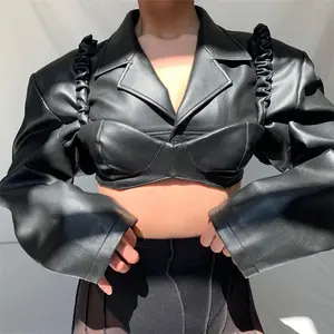 Jaqueta de couro feminina manga comprida, 2 peças revestimento slim couro pu moderno outono