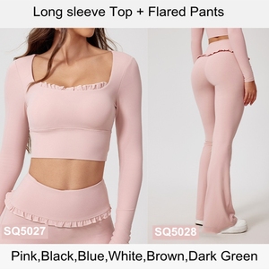 Set Yoga Personalizzati in Tessuto Elasticizzato, <span class=keywords><strong>Top</strong></span> Corto a Maniche Lunghe Rosa Unico per Palestra, Leggings da Allenamento, Pantaloni Yoga a Zampa per Donne - Product Image 4