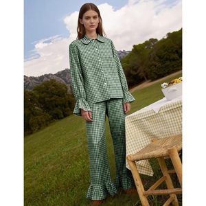 Womens Plaid Pajamas Set Cotton <b>Long</b> Sleeve Ruffle Pants <b>Matching</b> Lounge Wear Sleepwear - Product Image 3