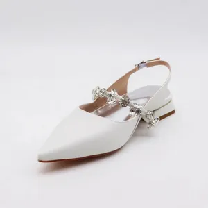 Custom Wholesale Wedding Heel Shoes Elegant Satin Leather Block Heel Women Singback Low Heels With Crystal