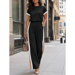 Combinaison une pièce pour femmes, pantalon à jambes larges, manches courtes, couleur unie, col rond, tenue de voyage et d'entraînement longue - Product Image 4