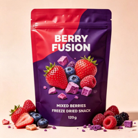 Voedselveilige, op maat bedrukte staande pouches met ziplock, matte afwerking, voor verpakkingen van gedroogd fruit en gevriesdroogde snacks