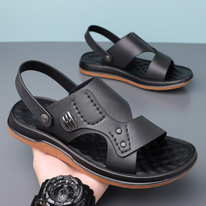 Sandales de plage en cuir souple pour hommes, à bride en T, semelle épaisse, antidérapantes, respirantes, à enfiler, kaki et noir, pour l'été et l'extérieur - Product Image 2