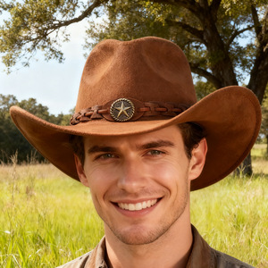 ZhenXi Cowboy <b>Hat</b> Black Wide Brim Polyester Western Style With Star Belt For Men Women - Product Image 4