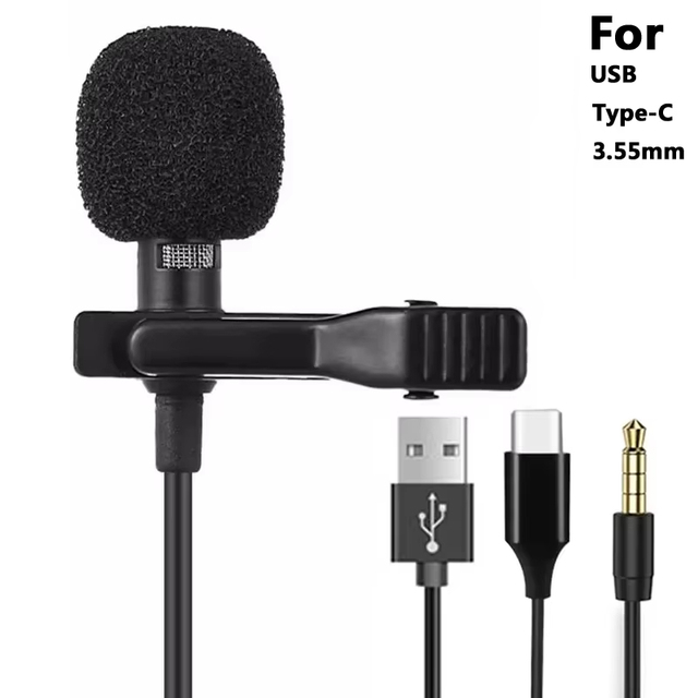 3.5mm Mini Portable Lavalier Microphone for PC Laptop Type C Lapel Clip-on Microphone for Smart Phone USB Professional Micro Mic