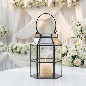Wholesale Hexagon <b>Glass</b> Hurricane <b>Candle</b> <b>Holder</b> with Black Metal Frame for Weddings Table and Floor Decor - Product Image 3