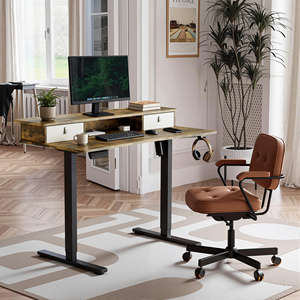 Bureau debout électrique réglable de style moderne, avec plateau en fer et bois, pieds de table ergonomiques, gain de place - Product Image 1