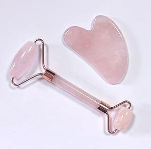 Masajeador facial para el cuidado de la piel, 100% piedras preciosas naturales puras, color rosa, cuarzo rosa, set de rodillo de jade guasha - Product Image 1