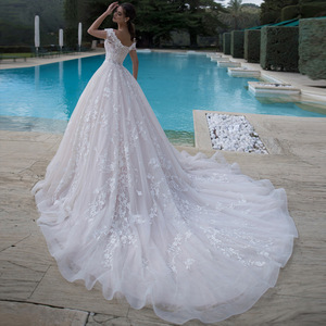 High Waisted V Neck Floral Ball Gown Wedding Dress With Straps Short Sleeve White Polyester JM001 - Product Image 4